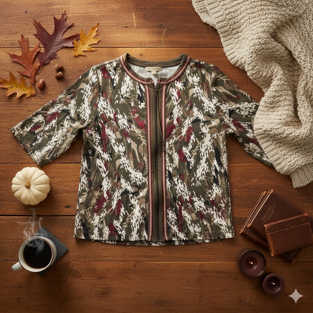 CJ Banks Zip Front Knit Top Blouse – Abstract Print – Size L
